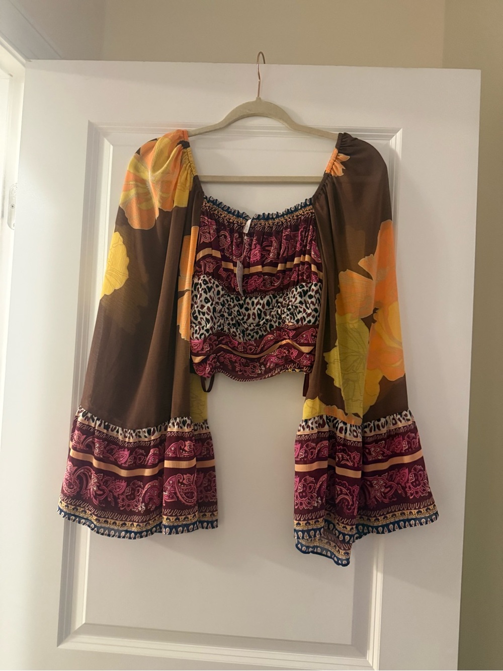 Free People Nightbird Mixed Print Bell Sleeve Crop Top XS NWT